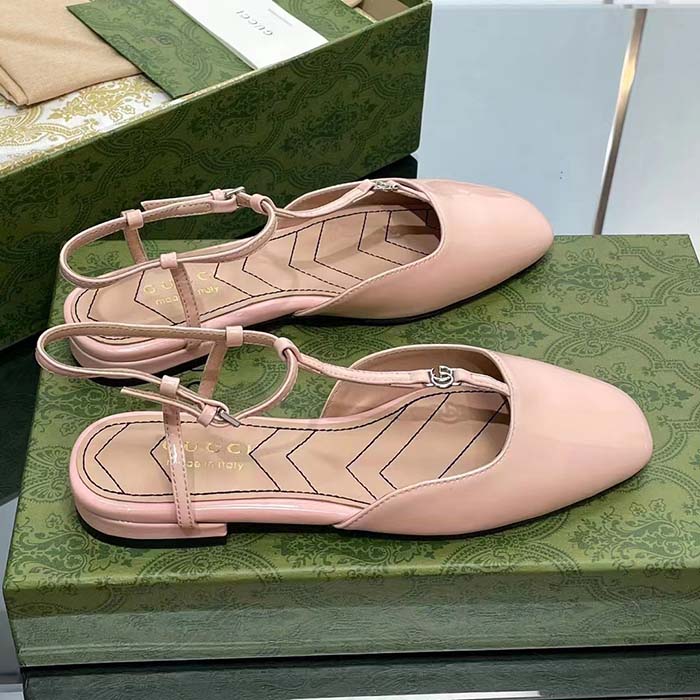 Gucci Women GG Double G Ballet Flat Light Pink Patent Leather Square Toe