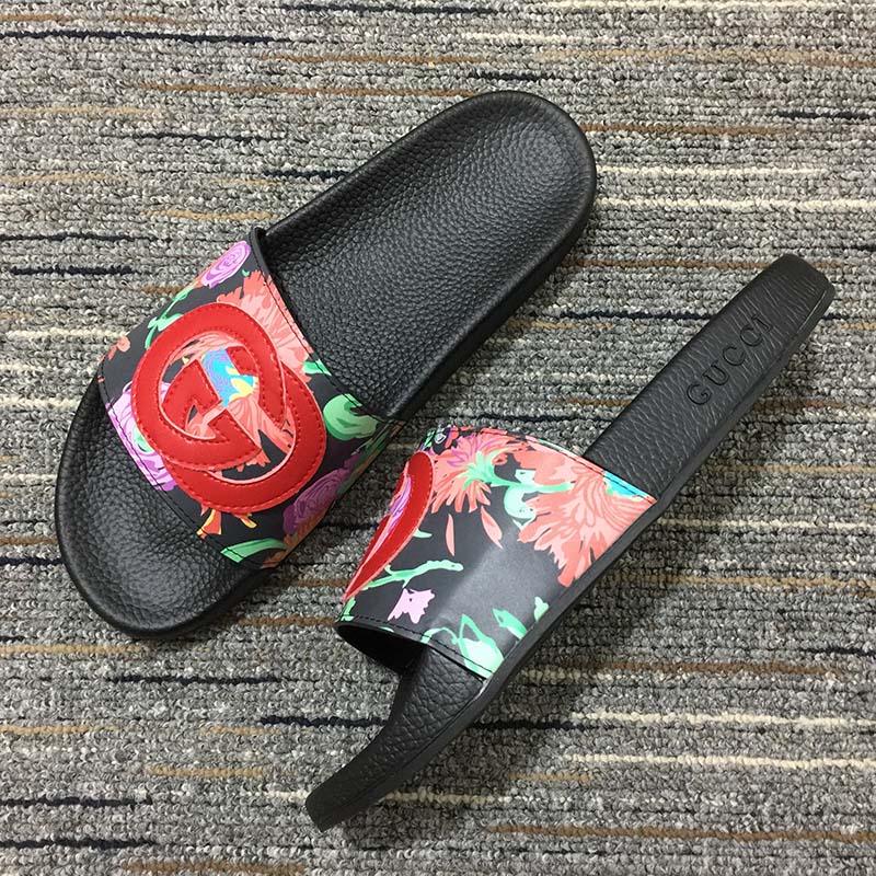 Gucci Women GG Ken Scott Print Slide Sandal Interlocking G Patch Flat