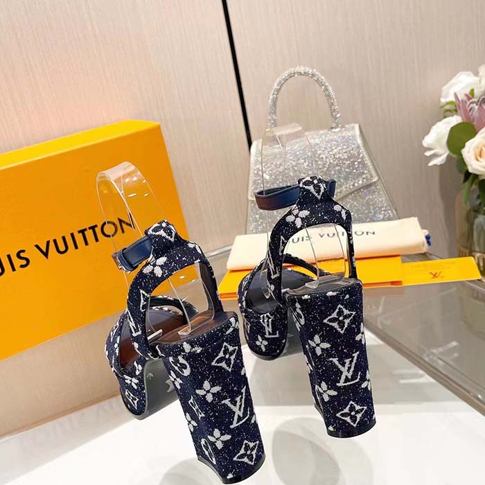 Louis Vuitton Women LV Fame Platform Sandal Navy Monogram Denim Leather 11.5 CM Heel