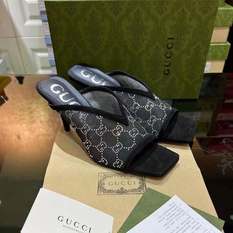 Gucci Women Sandal Black Mesh GG Crystals Square Toe Mid Heel 8 Cm Heel
