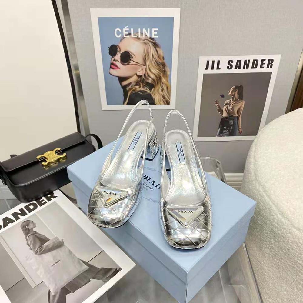 Prada Women Metallic Leather Slingback Pumps in 45mm Heel Height-Silver