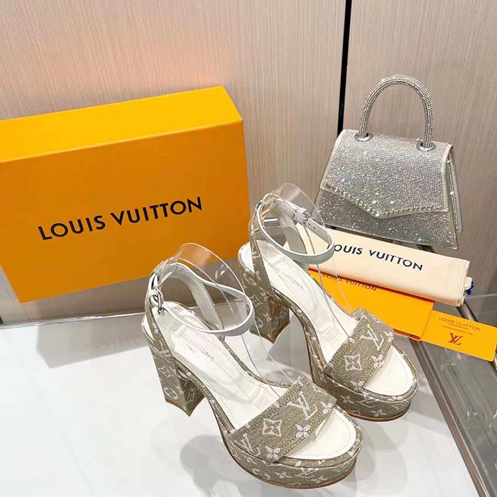Louis Vuitton Women LV Fame Platform Sandal Beige Monogram Denim Leather 11.5 CM Heel
