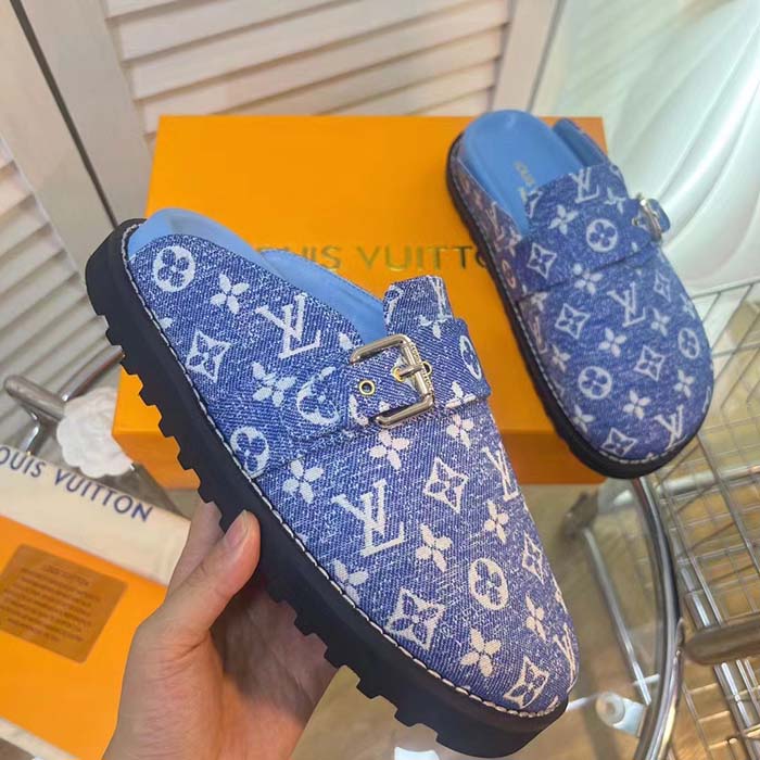 Louis Vuitton Women LV Cosy Flat Comfort Clog Blue Monogram Denim Adjustable Strap