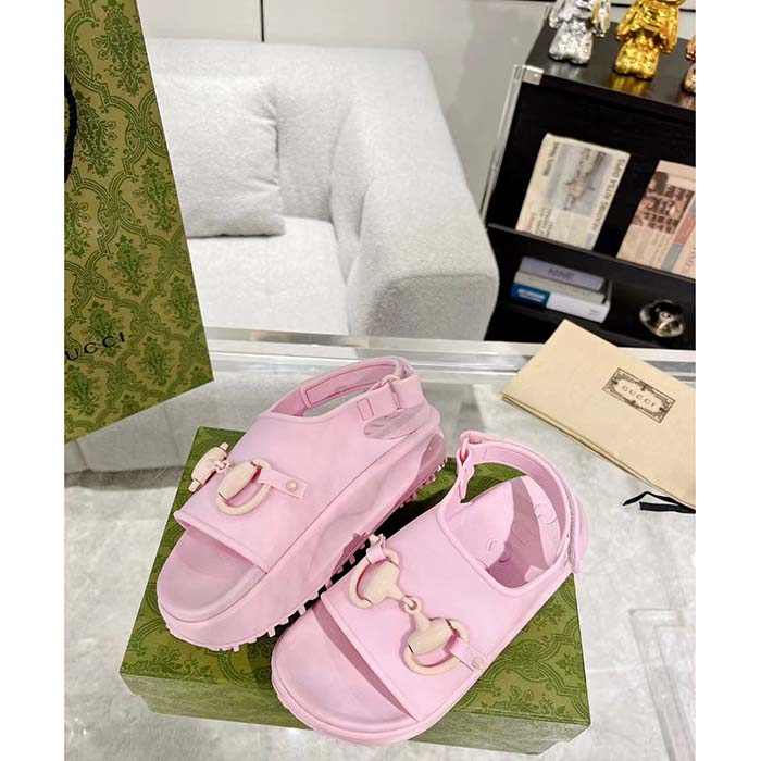 Gucci Women GG Horsebit Flatform Sandal Light Pink Rubber Plastic Horsebit