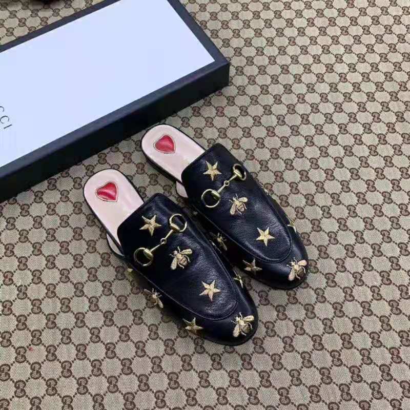 Gucci Women Princetown Embroidered Leather Slipper 1.27cm Heel-Black