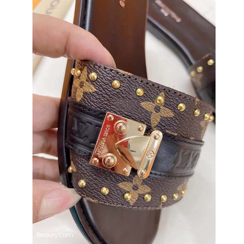 Louis Vuitton LV Women Lock It Flat Mule Black Patent Monogram Canvas