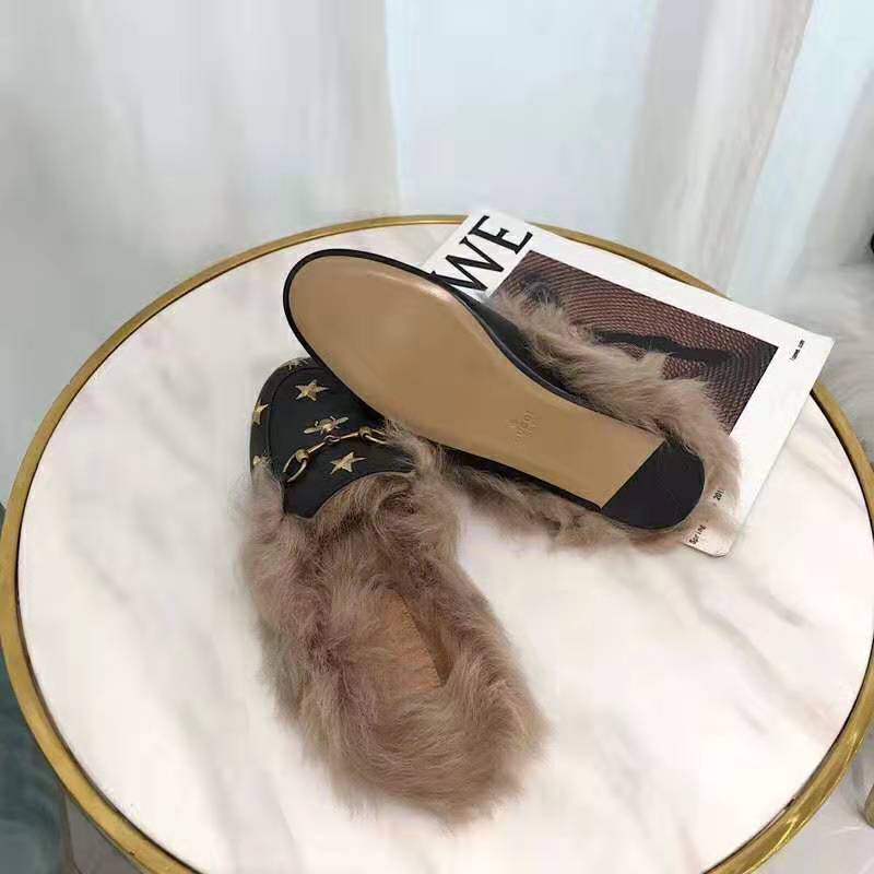 Gucci Unisex Princetown Embroidered Leather Slipper with Bees and Stars in Lamb Wool-Black