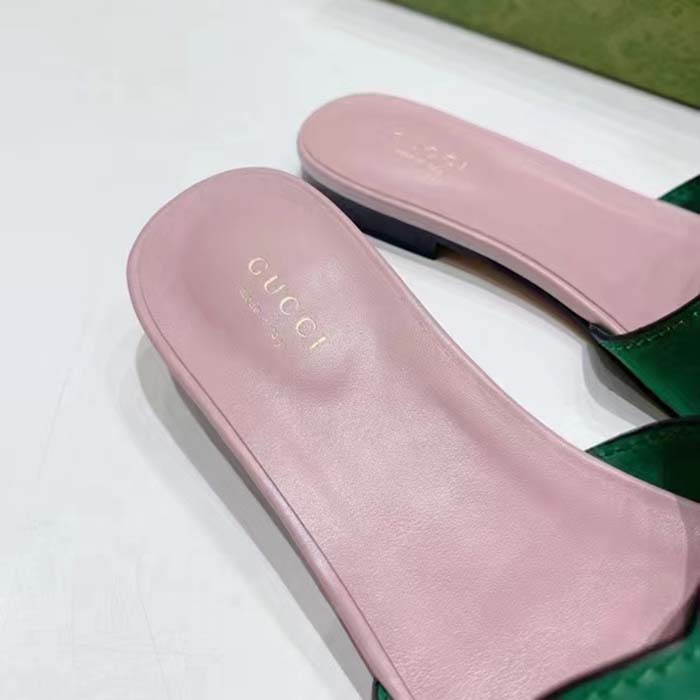 Gucci Unisex Interlocking G Cut-Out Slide Sandal Green Pink Suede Flat