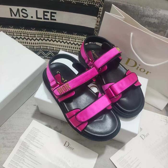 Dior Women CD Dioract Sandal Rani Pink Satin Black Lambskin