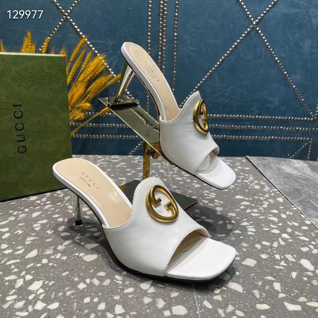 Gucci Women GG Blondie Slide Sandal White Leather Metallic Mid Heel 6.6 Cm Heel