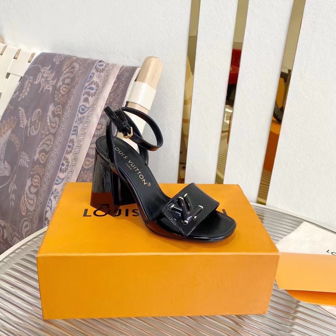 Louis Vuitton LV Women Shake Sandal Black Patent Calf Leather 9.5 Cm Heel
