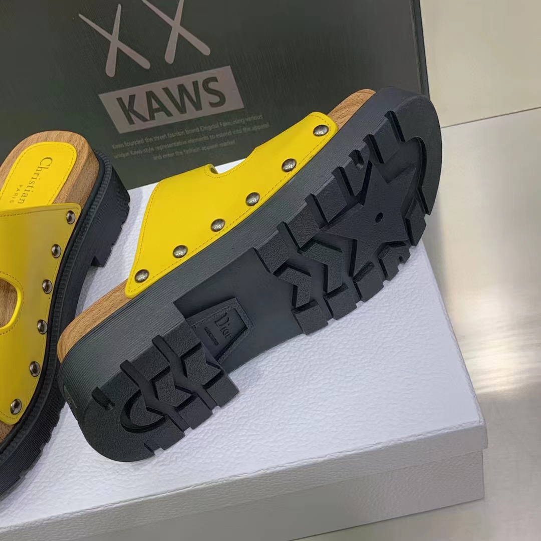 Dior Women Shoes CD Diorquake Strap Sandal Yellow Calfskin Wooden Insole