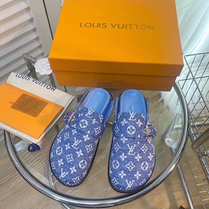 Louis Vuitton Women LV Cosy Flat Comfort Clog Blue Monogram Denim Adjustable Strap