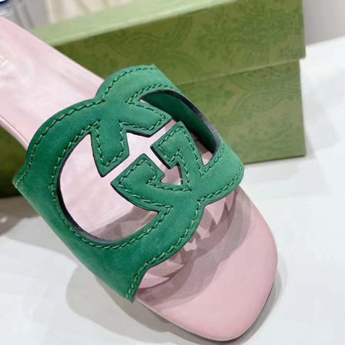 Gucci Unisex Interlocking G Cut-Out Slide Sandal Green Pink Suede Flat