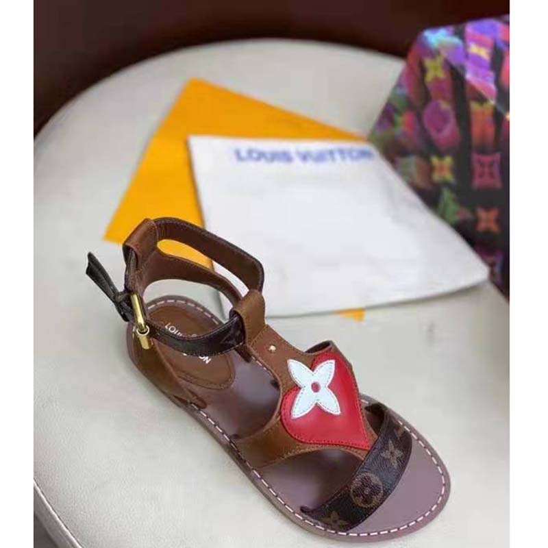 Louis Vuitton LV Women Game On Playful Flat Sandal Cognac Brown Calf Leather Monogram Canvas