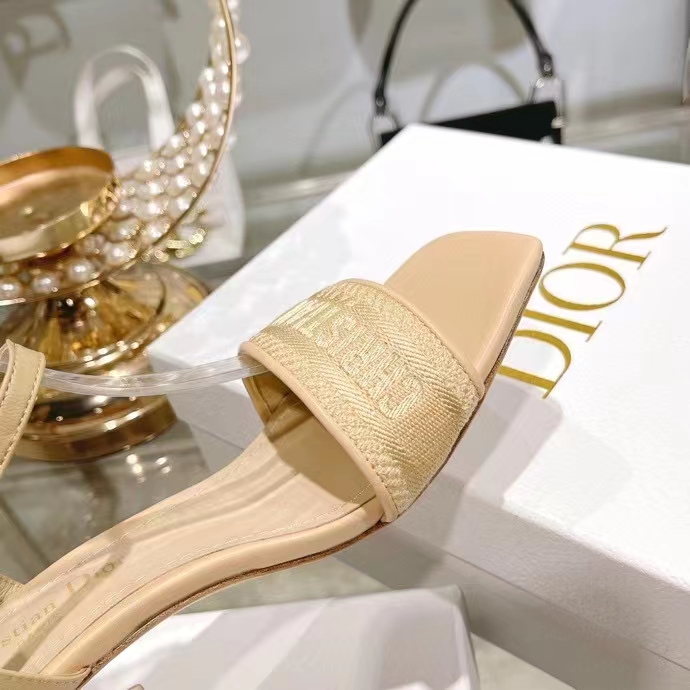 Dior Women CD Dway Heeled Sandal Nude Embroidered Satin Lambskin 10 CM Heel