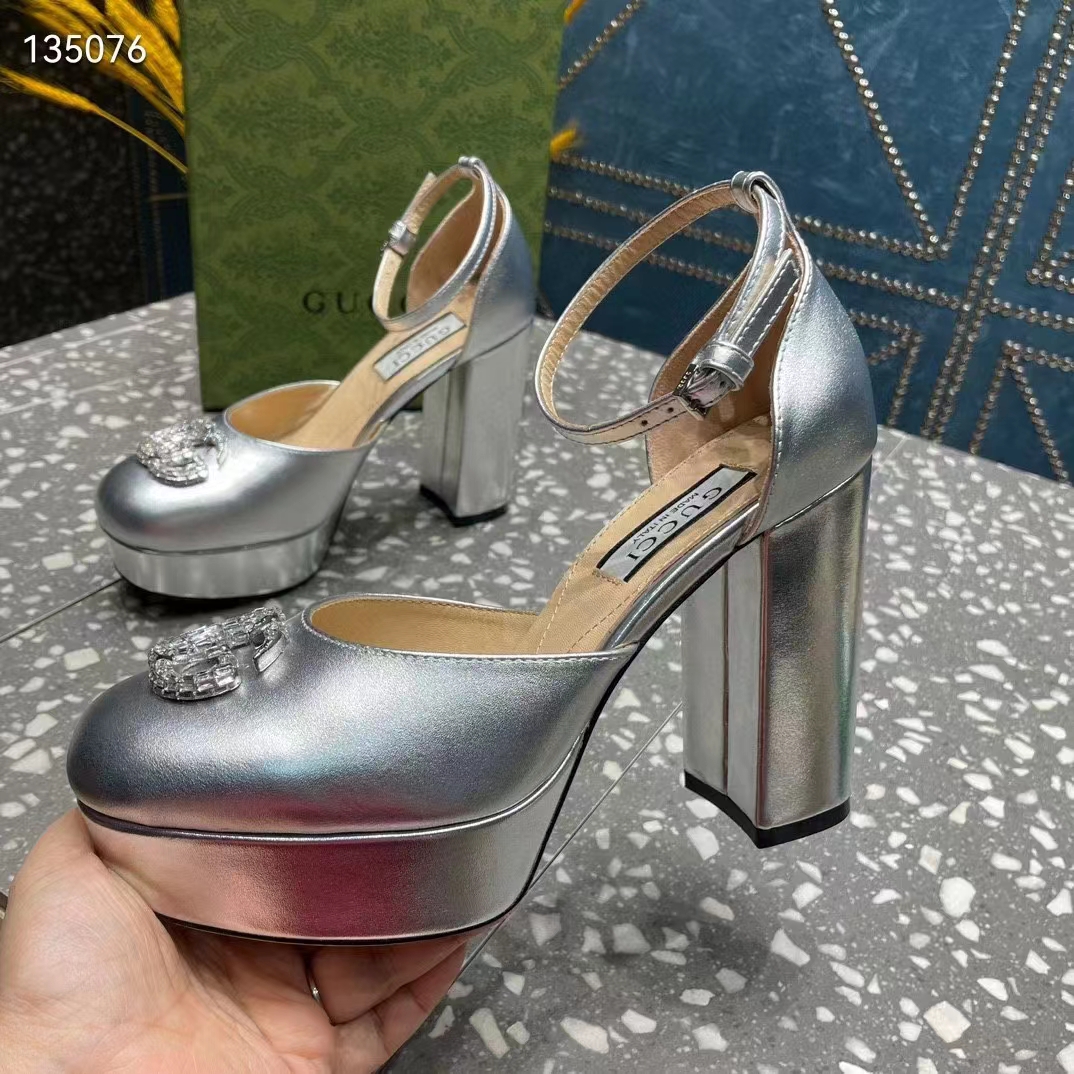 Gucci Women GG Platform Pump Double G Metallic Silver Patent Leather Crystals High Heel