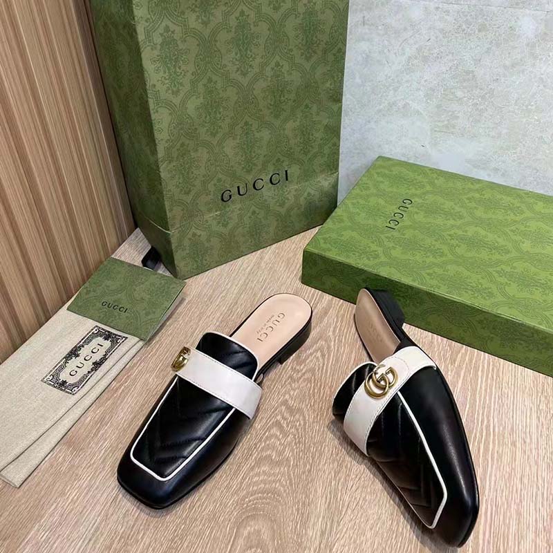 Gucci Women GG Slipper Double G Black Leather Matelassé Chevron Insert