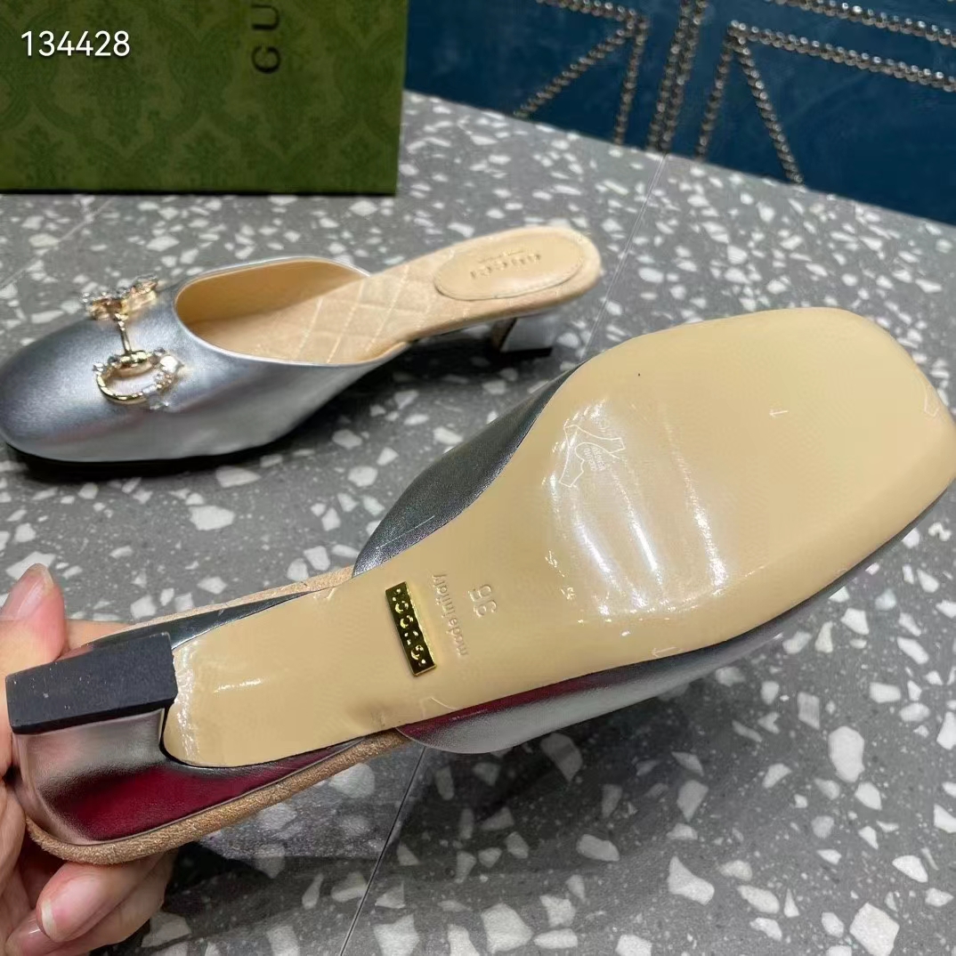 Gucci Women GG Horsebit Mule Silver Metallic Leather Crystals Leather Sole Low-Heel