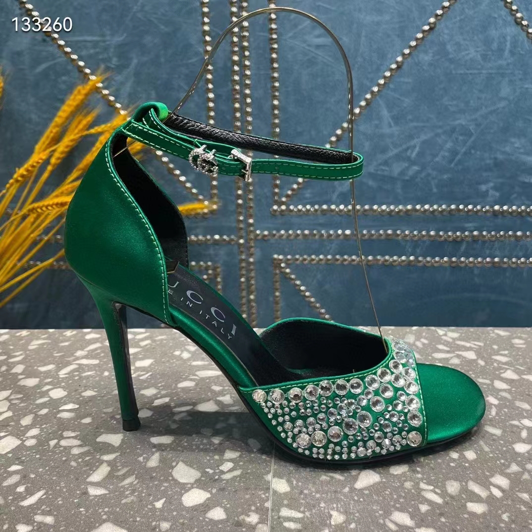 Gucci Women GG Mid-Heel Sandals Crystals Emerald Green Satin 11 CM Heel Double G