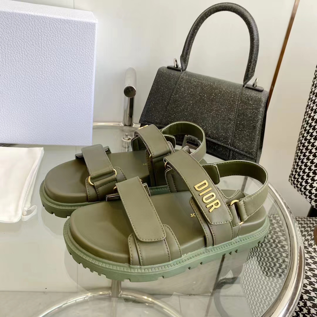 Dior Unisex Shoes DiorAct Sandal Khaki Lambskin Gold-Finish Metal DIOR Signature