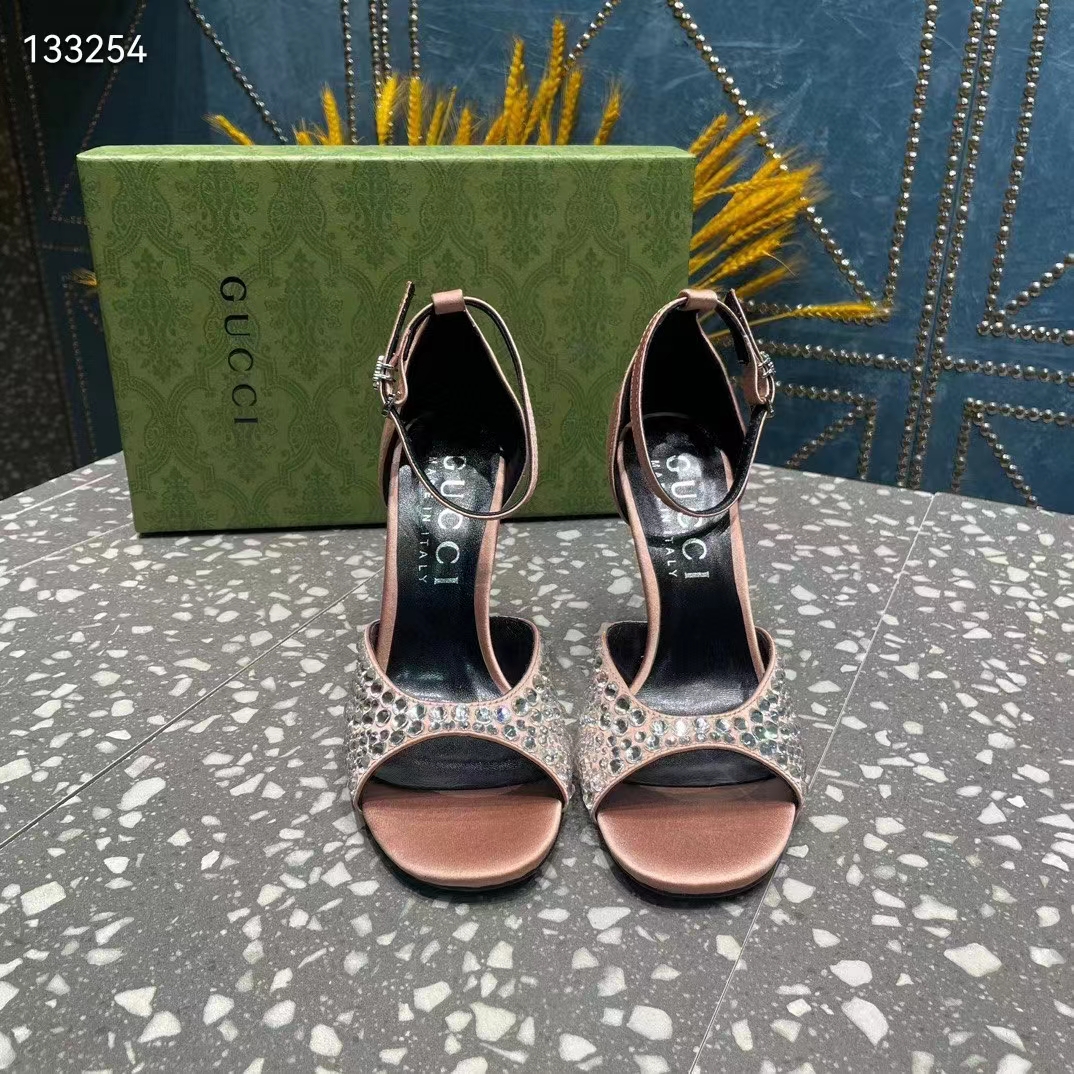 Gucci Women GG Mid-Heel Sandals Crystals Silver Satin 8 CM Heel Double G