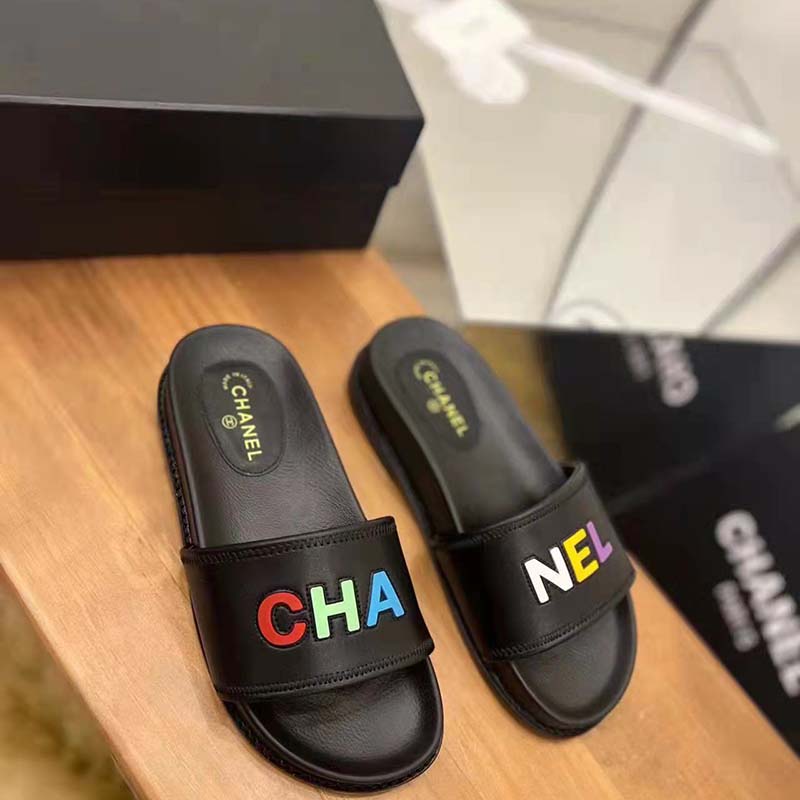 Chanel Women Sandal Black Calfskin Leather Colorful CHA NEL Logos