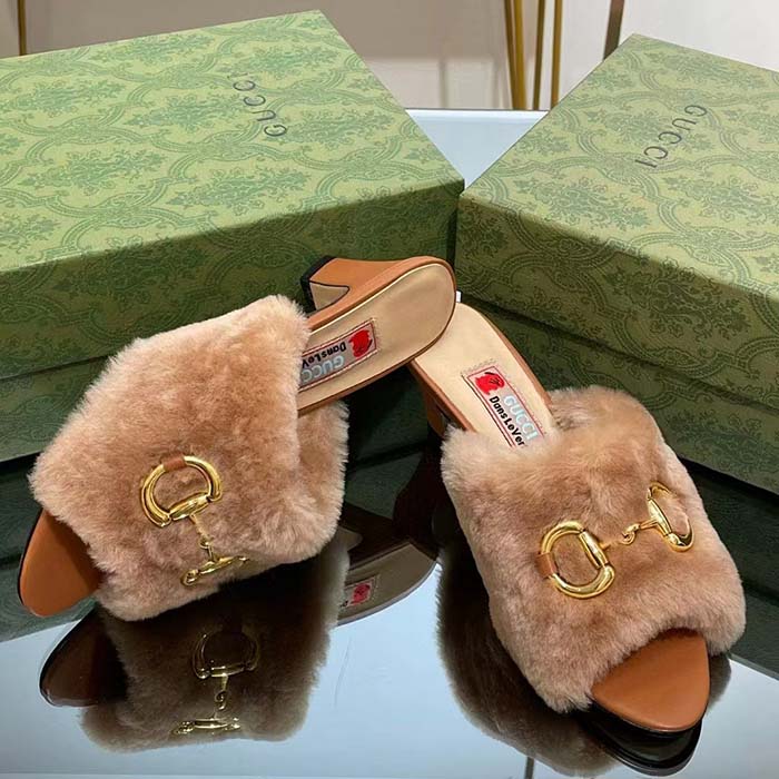 Gucci GG Women’s Mid-Heel Slide Sandal Brown Fabric Horsebit 5.6 Cm Heel