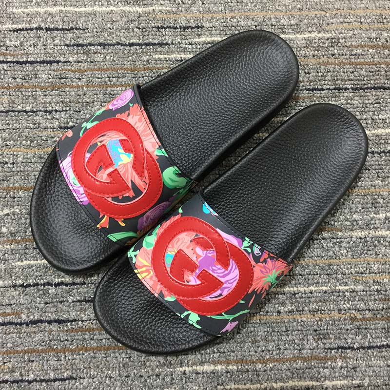 Gucci Women GG Ken Scott Print Slide Sandal Interlocking G Patch Flat