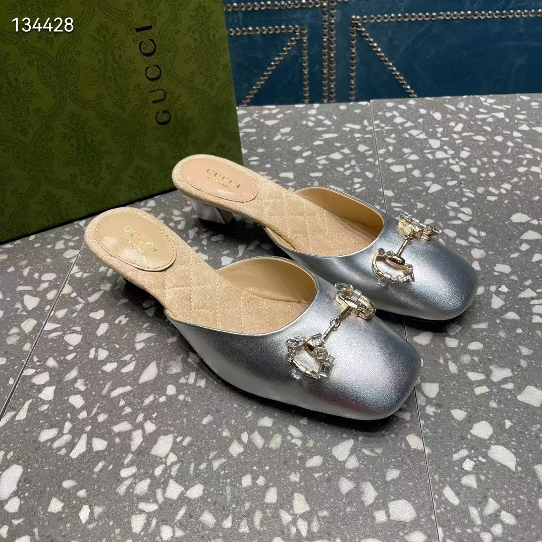 Gucci Women GG Horsebit Mule Silver Metallic Leather Crystals Leather Sole Low-Heel