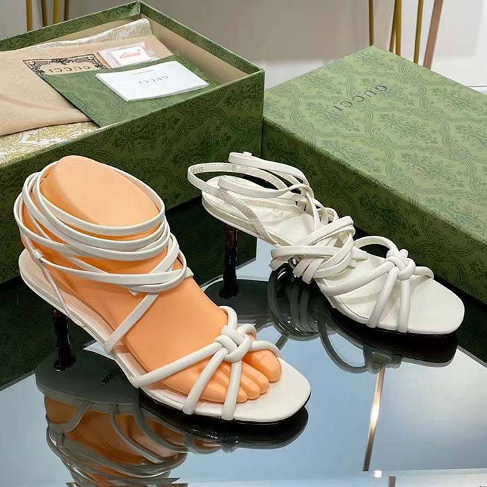 Gucci Women GG Strappy Sandal Bamboo White Leather Bamboo Low Heel
