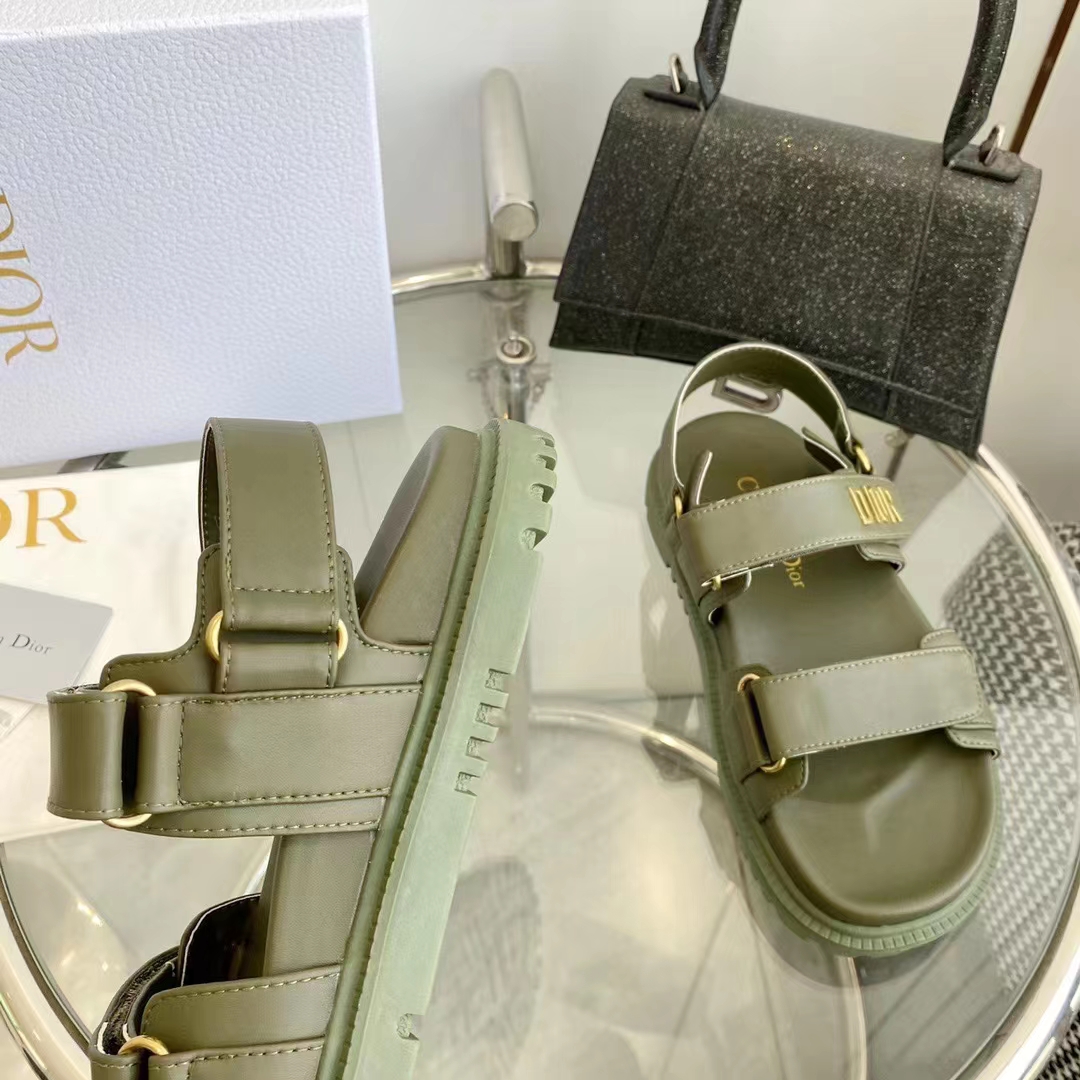 Dior Unisex Shoes DiorAct Sandal Khaki Lambskin Gold-Finish Metal DIOR Signature