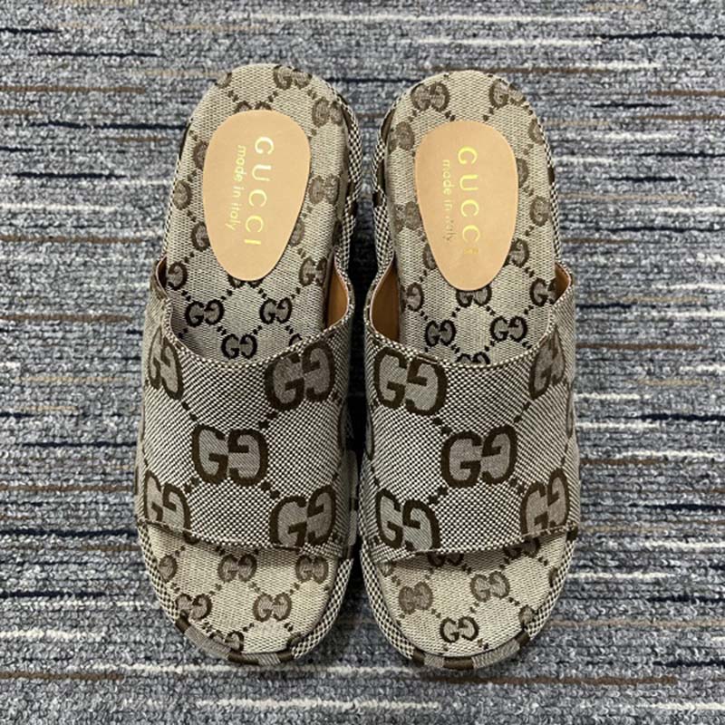 Gucci Women Platform Slide Sandal Camel Ebony Maxi GG Canvas High Heel 10 Cm