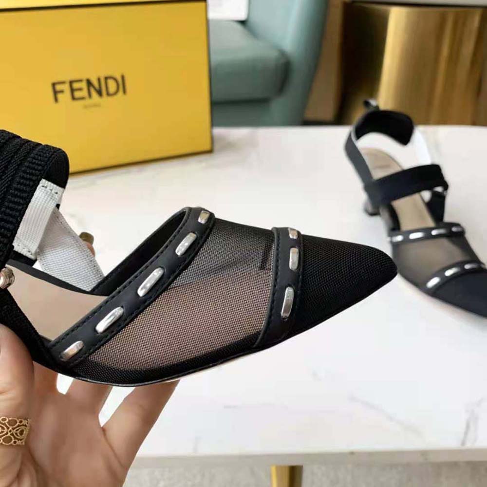 Fendi Women Colibri Black Mesh Medium-Heel Slingbacks with Metal Stitches