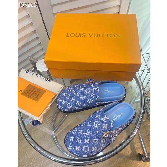 Louis Vuitton Women LV Cosy Flat Comfort Clog Blue Monogram Denim Adjustable Strap