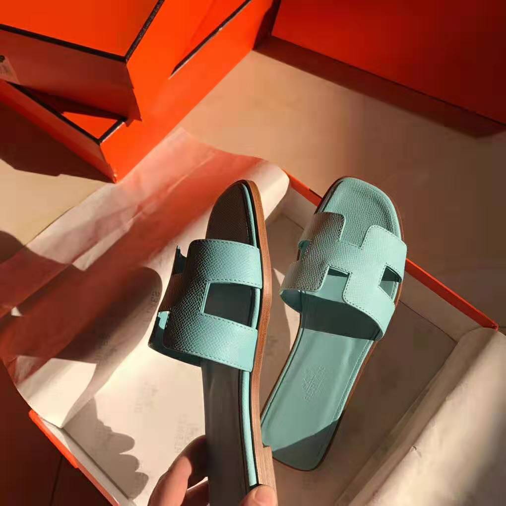 Hermes Women Oran Sandal Epsom Calfskin Iconic “H” Cut-Out-Aqua