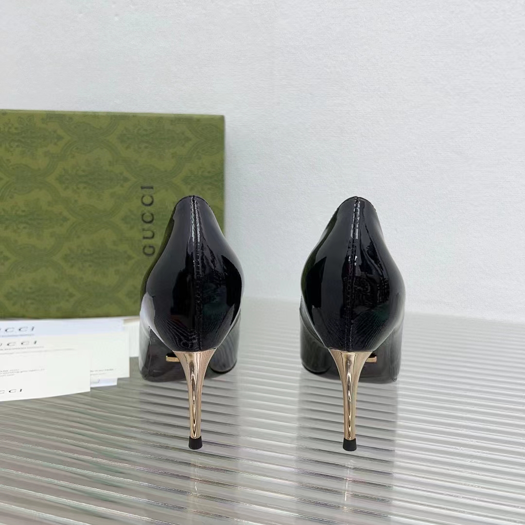 Gucci Women GG High Heel Pump Black Leather Pointed Toe 10 CM Heel