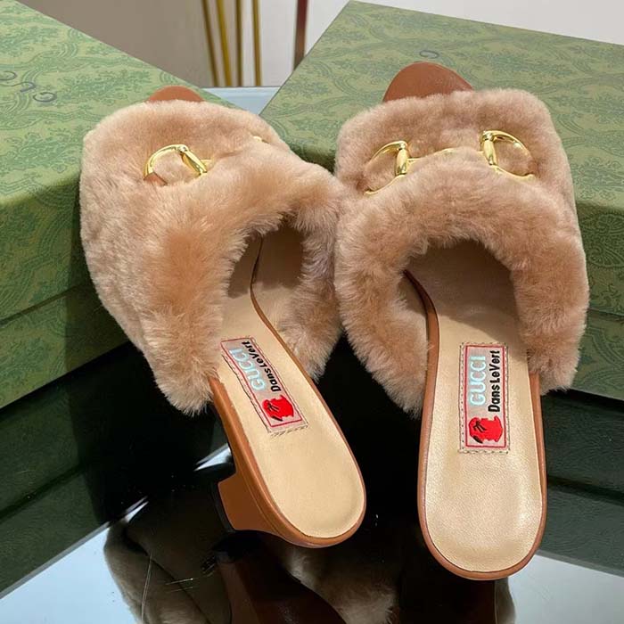 Gucci GG Women’s Mid-Heel Slide Sandal Brown Fabric Horsebit 5.6 Cm Heel