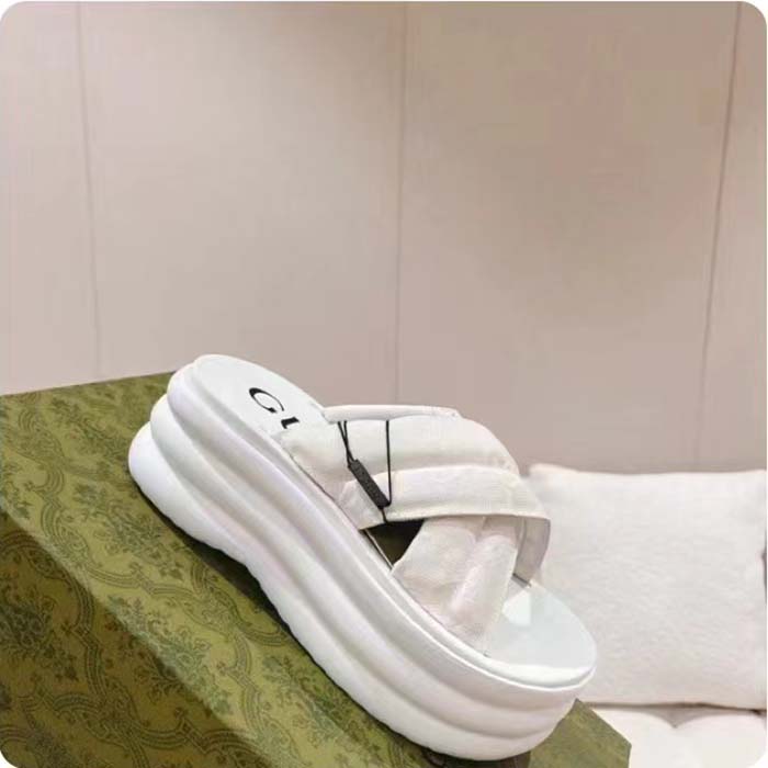 Gucci Women GG Platform Slide Sandal White Nylon Rubber Mid 6.4 CM Heel