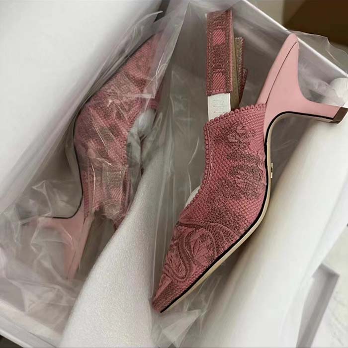 Dior Women CD J’Adior Slingback Pump Pink Gray Embroidered Cotton Toile De Jouy Sauvage