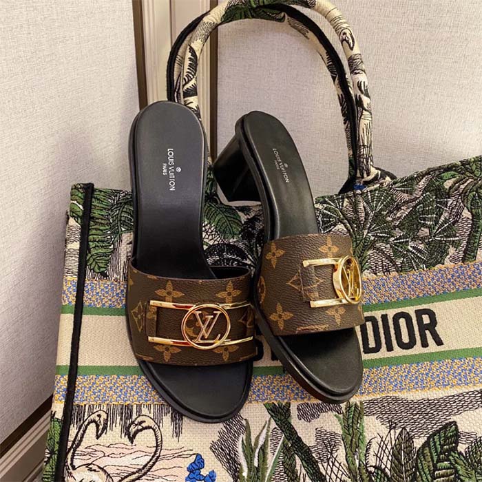 Louis Vuitton LV Women Lock It Mule Brown Patent Monogram Canvas Leather Outsole