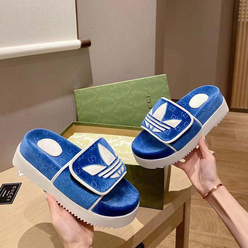Gucci Unisex Adidas x Gucci GG Platform Sandal Blue GG Cotton Sponge