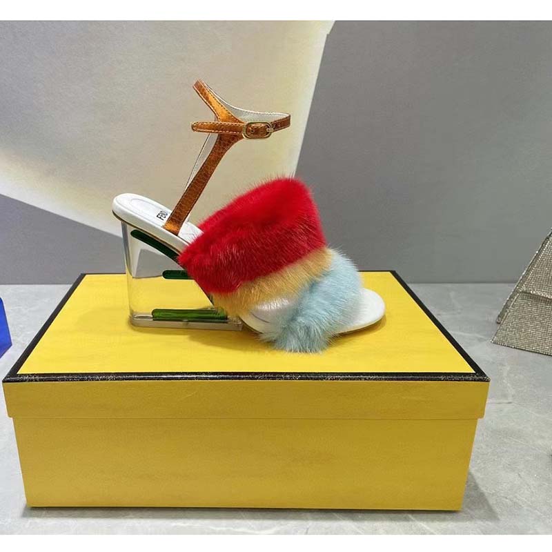 Fendi Women FF First Light Blue Mink High-Heeled Slingbacks 9.5 cm Heel