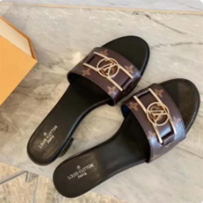 Louis Vuitton LV Women Lock It Flat Mule Brown Patent Monogram Canvas Leather