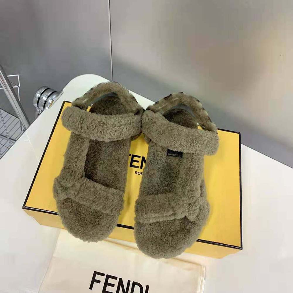 Fendi Women Feel Green Sheepskin Sandals