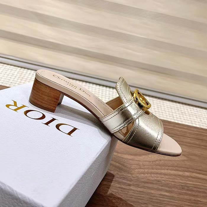 Dior Women CD Sandals Or 30 Montaigne Heeled Slide Platinum-Tone Metallic Calfskin