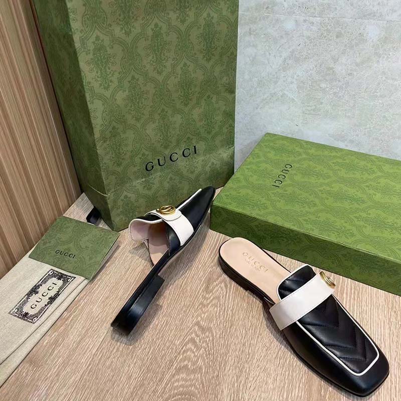 Gucci Women GG Slipper Double G Black Leather Matelassé Chevron Insert