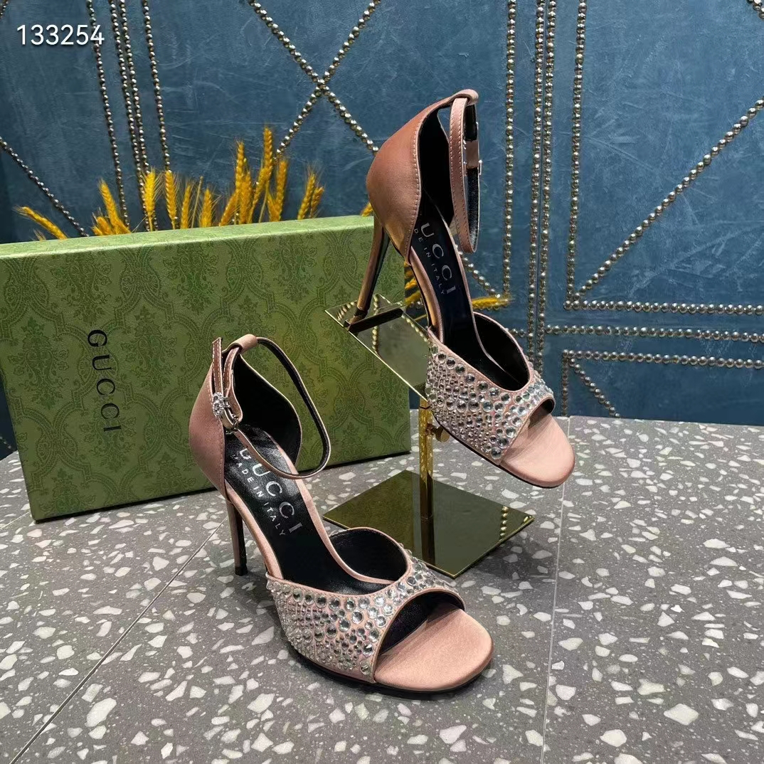 Gucci Women GG Mid-Heel Sandals Crystals Silver Satin 8 CM Heel Double G