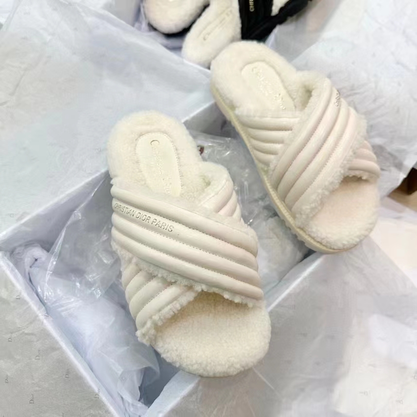 Dior Unisex CD D-Cross Slide Powder Beige Lambskin White Shearling