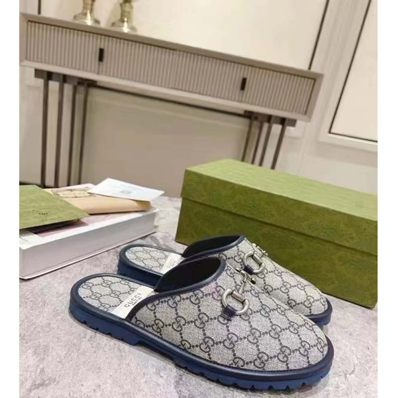 Gucci Unisex Slipper Horsebit Blue Beige GG Supreme Canvas Horsebit Rubber Low Heel